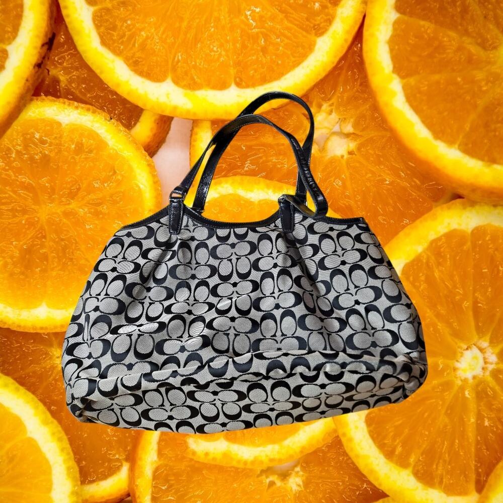 Coach Brown Signature‎ Stripe Devin Shoulder Leather Tote Bag F28395